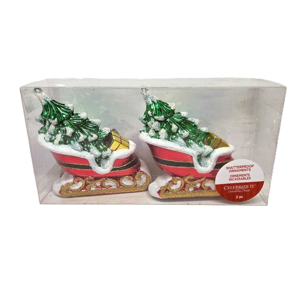 Celebrate It Shatterproof Christmas Ornament Set 2 Sleigh Tree Gift Glitter Snow